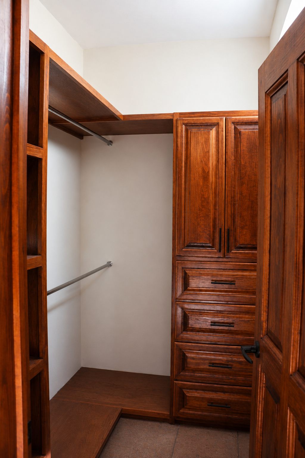 Walk-in closet with custom wood cabinetry