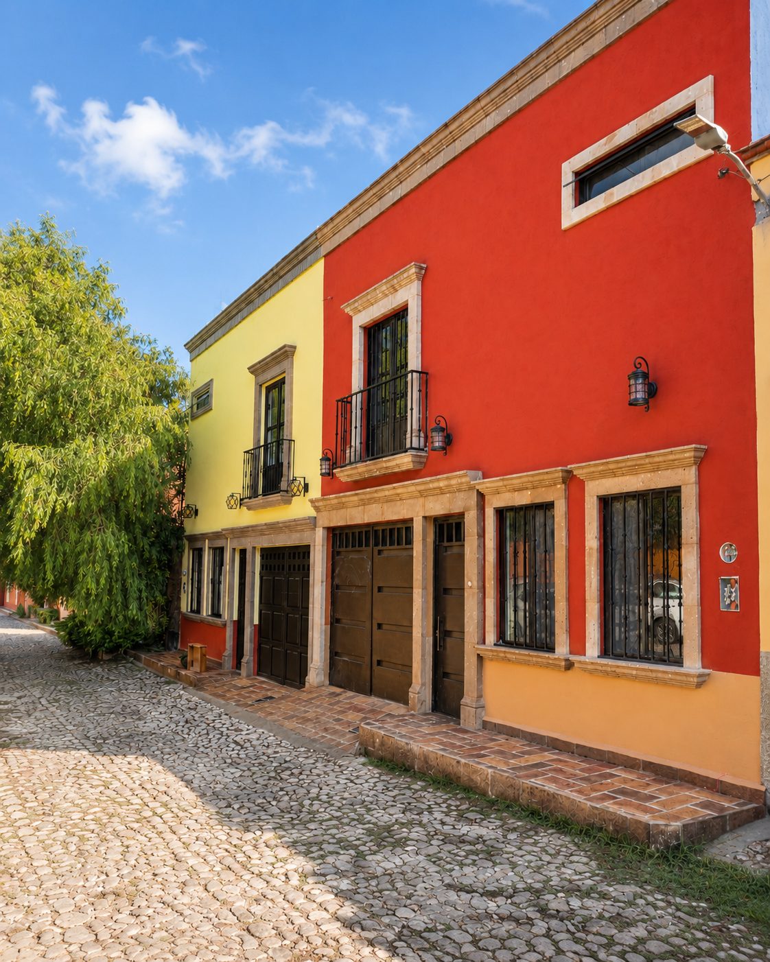 Facade of Casa Luna — red and yellow colonial home on a cobblestone street in San Miguel de Allende