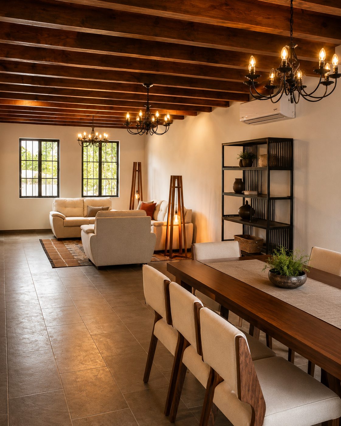 Open living and dining room with wood-beamed ceilings and chandeliers