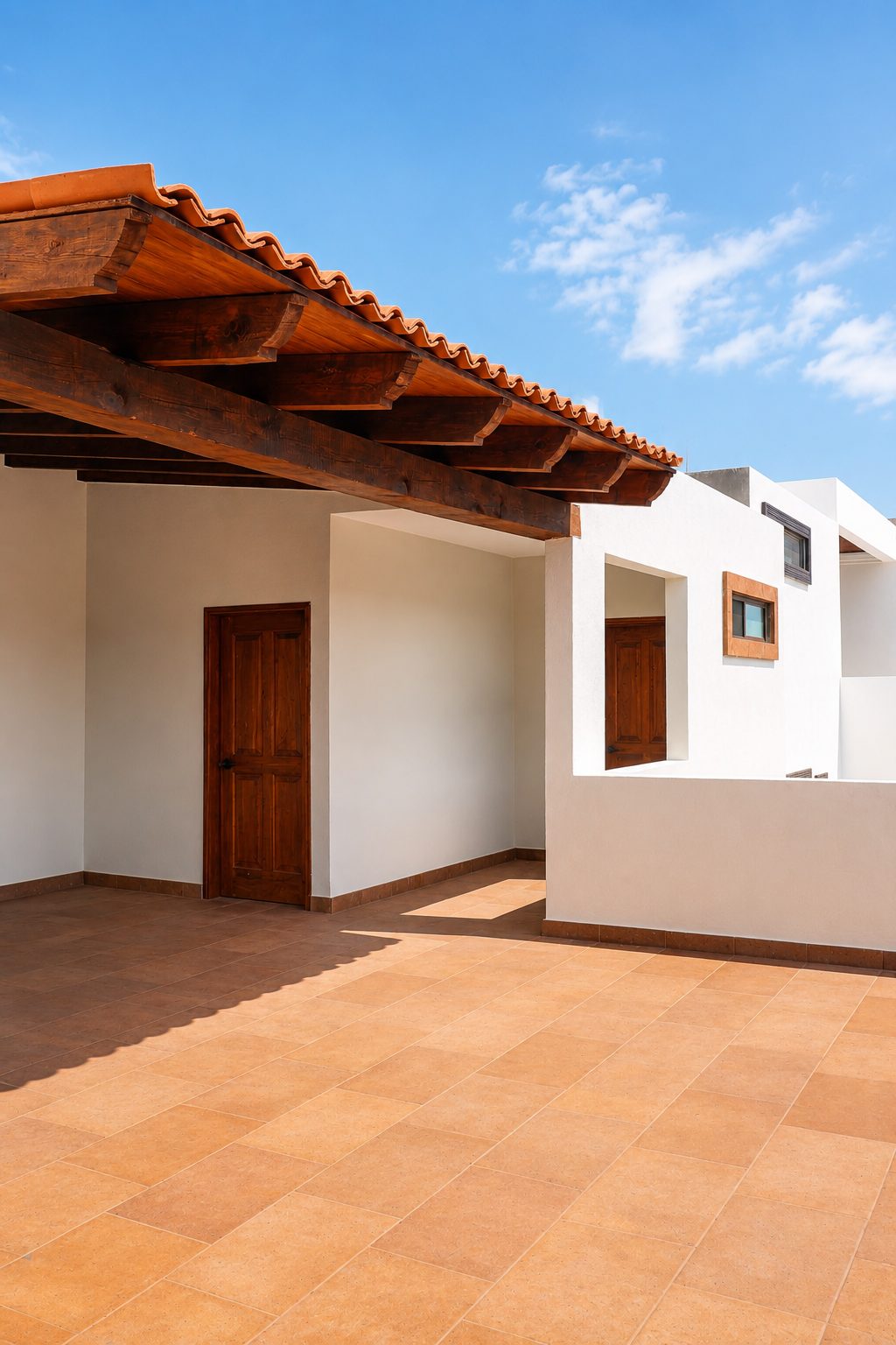 Rooftop terrace with tiled floor and wood-beamed pergola under a blue sky